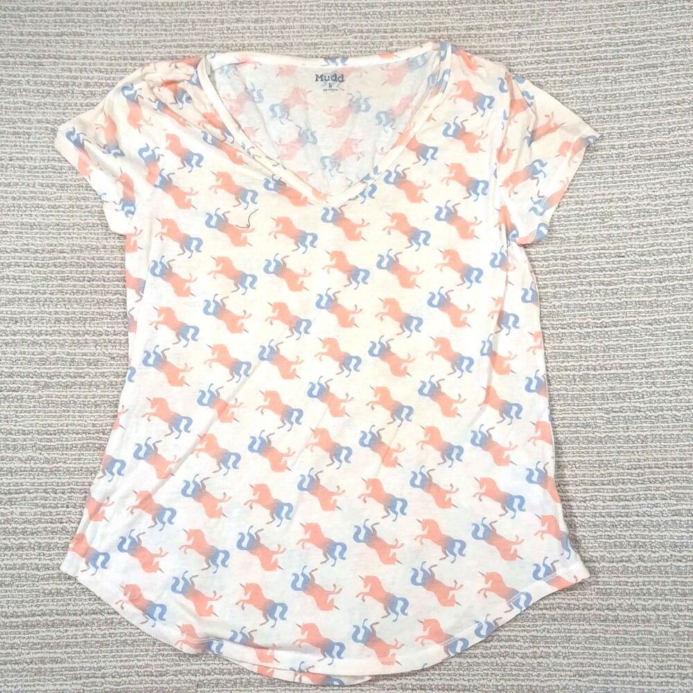 Mudd Womens Size Large L V-Neck Short Sleeve T-Shirt Tee Top Unicorn Print Peach